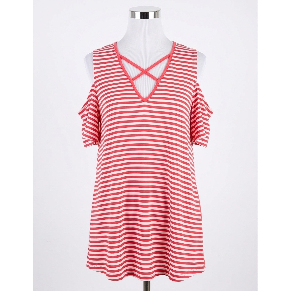 New Umgee Cold Shoulder Striped Top In Coral